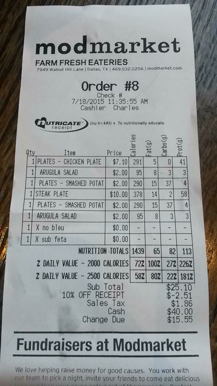 This Restaurant Shows The Nutrition Facts On The Receipt