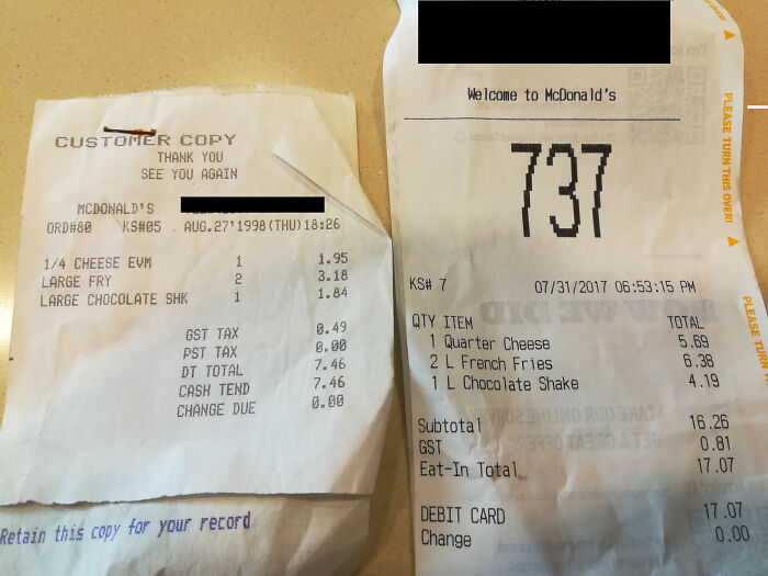 McDonald's Receipt From 1998 vs. 2017