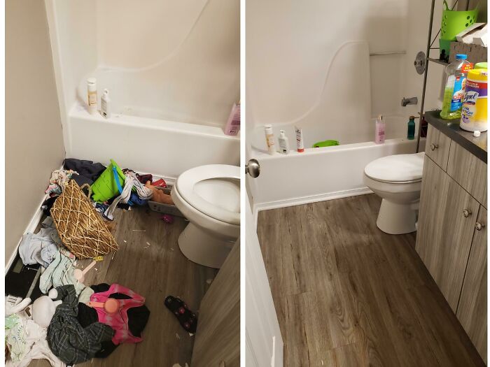 I Suffer From Severe Depression. As Embarrassing As It Is To Admit, I Had Let My Bathroom Go For So Long That My Cats Had Used The Laundry Pile In The Corner As A Litter Box. It's Not Finished, But It's A Small Step Towards A Cleaner House