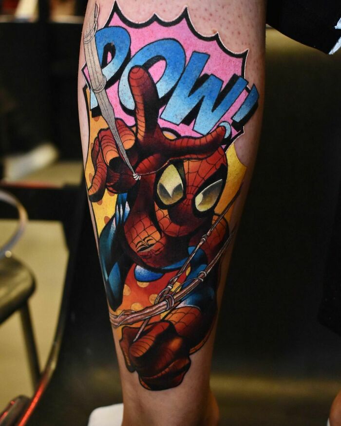 Spiderman throwing web tattoo