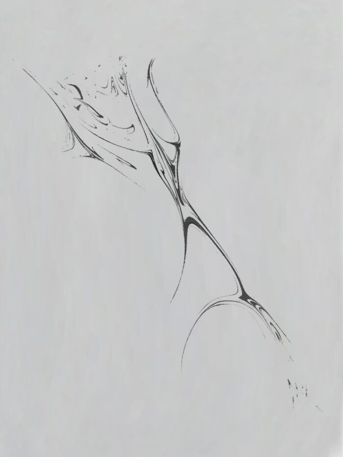 Abstract black and white design reminiscent of traditional marbling, with flowing shapes resembling modern tattoo styles.