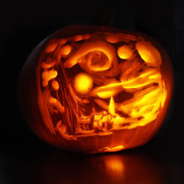 A Co-Worker And I Attempted Starry Night In 1.5hrs For Our Annual Pumpkin Carving Contest. We're Currently Winning! How'd We Do?