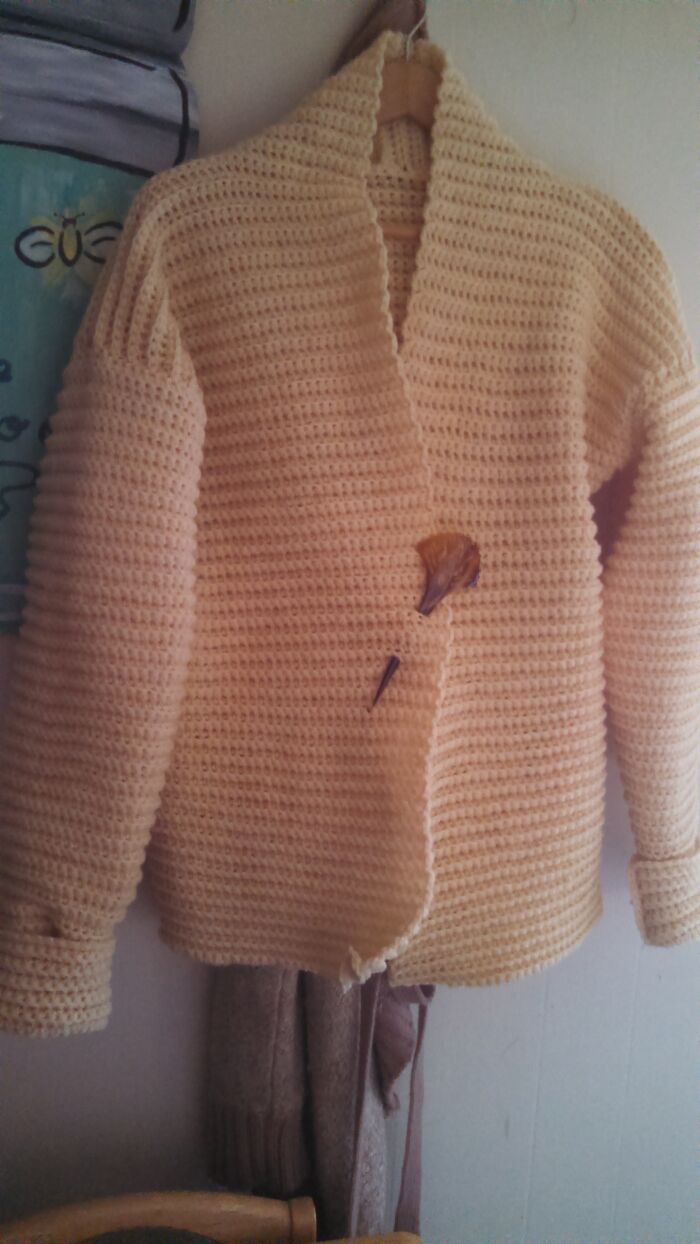 My Irish Wool Crochet Jacket With Carved Ox Horn Hook For Closure
