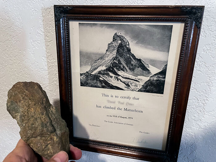 A Summit Rock From The Matterhorn (Swiss/Italian Alps), 14,690 Feet, From When I Climbed It At Age 19 In August Of 1974. The Certificate Is From The Guide Association Of Zermatt