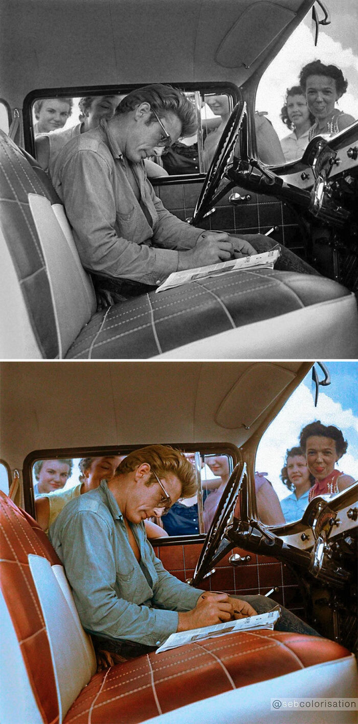 James Dean firma autógrafos en su coche en Marfa, Texas, fotografiado por Richard C. Miller, en julio de 1955