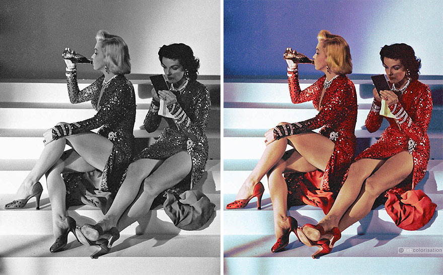 Marilyn Monroe And Jane Russell Photographed On The Set Of "Gentlemen Prefer Blondes", Around 1953