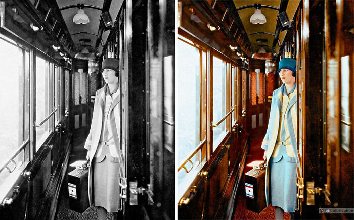 La elegante Thérèse Bonney, tomando el tren, con equipaje Vuitton, 1928