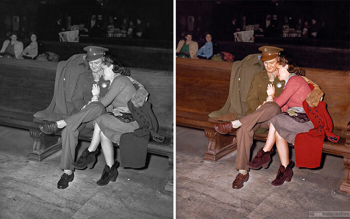 Soldado y su novia esperando un tren en la estación Union de Chicago, fotografiados por Jack Delano en febrero de 1943