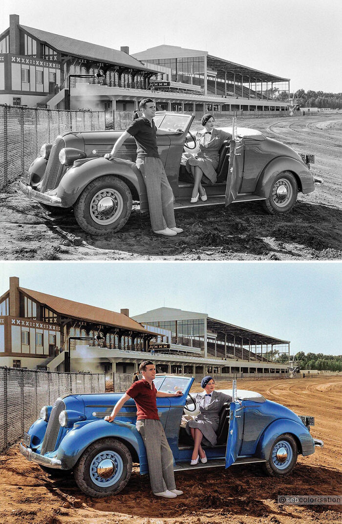 17 de abril de 1935. Pontiac Convertible Coupe en el Hipódromo de Tanforan, San Bruno