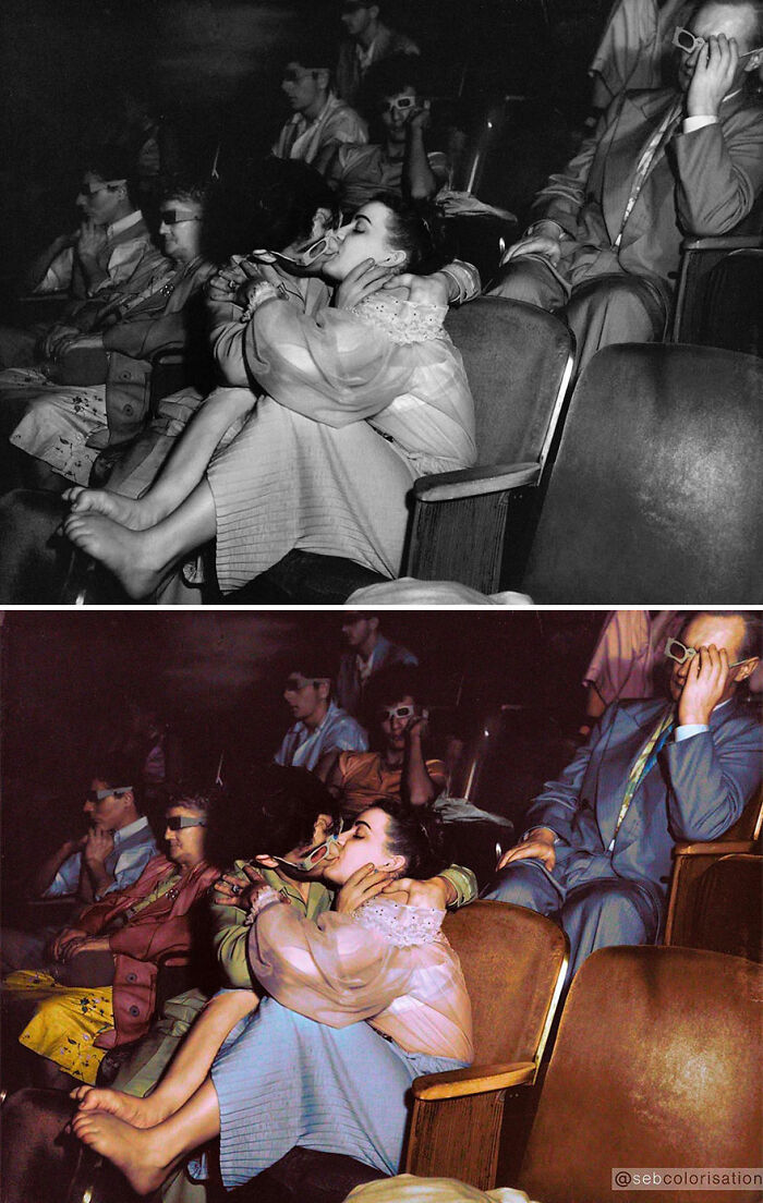 Pareja besándose en el cine, fotografiada por Weegee en 1943