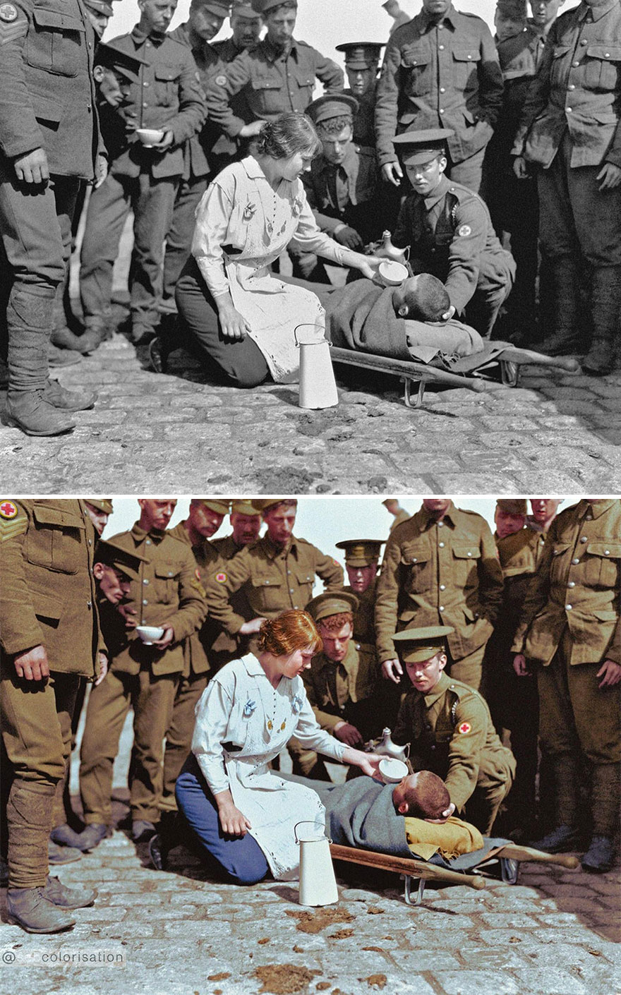 Civilians And Soldiers Of The Royal Army. Medical Corps Distributing Refreshments The Wounded British In France, 1916