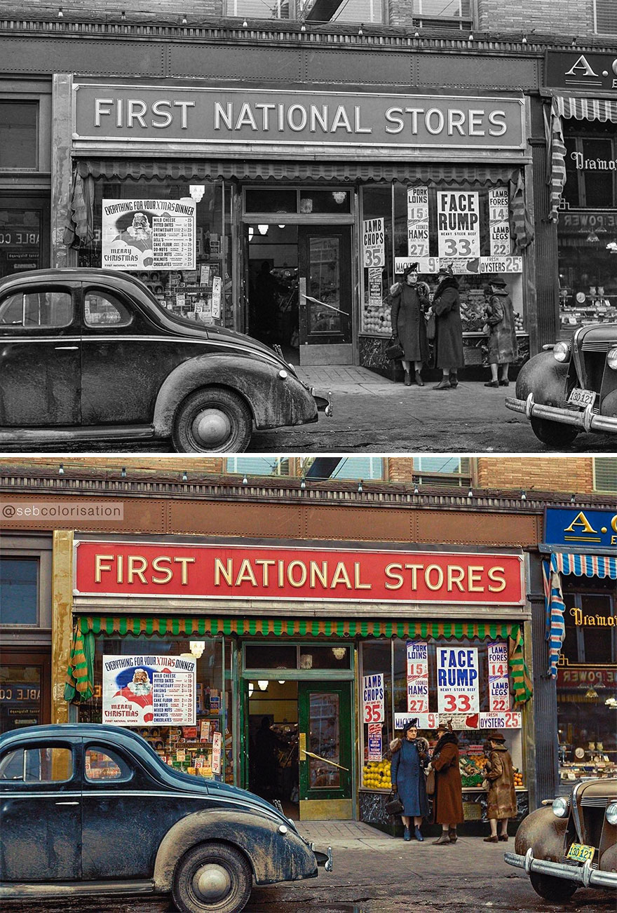 December 1940. Grocery Store Window In Bath, Maine