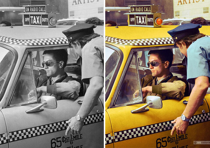Robert De Niro fotografiado en el plató de la película "Taxi Driver" de Martin Scorsese, 1976