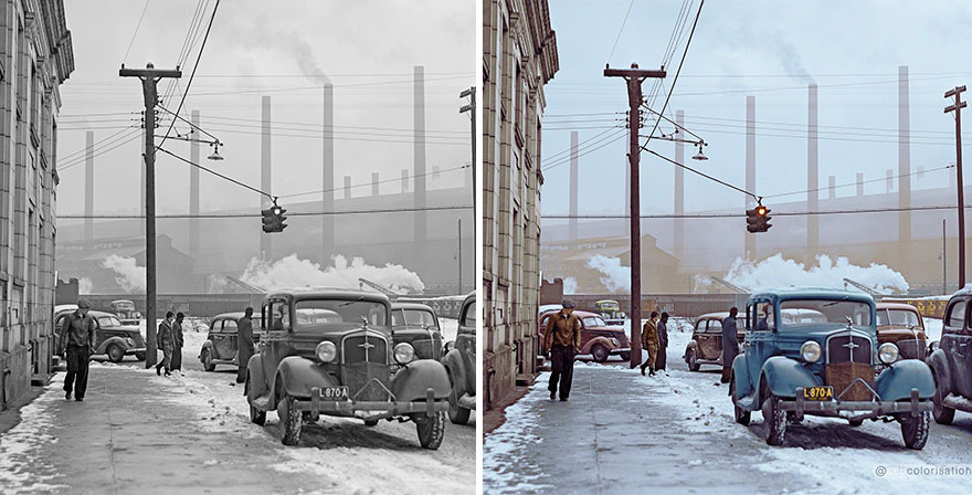 Cars Of Steelworkers Leaving Mill, Midland, Pennsylvania, USA, Jack Delano, January 1940