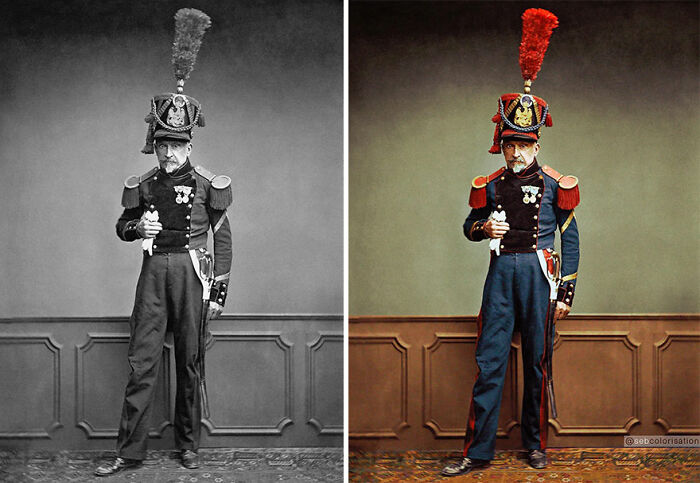 Soldado veterano de Napoleón con su antiguo uniforme en el aniversario de la muerte de Napoleón. Fotografiado en 1858