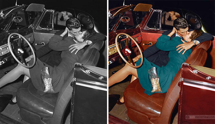 Pareja besándose en el asiento delantero de un coche descapotable en un autocine. Fotografiado en 1945