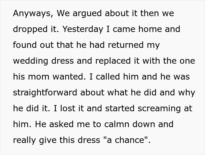 Man returns his fiancee's wedding dress to honor mother's 'vision', gets screams