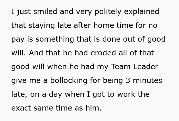 Employee Decides To Stop Working Overtime After Getting In Trouble For Being 3 Minutes Late