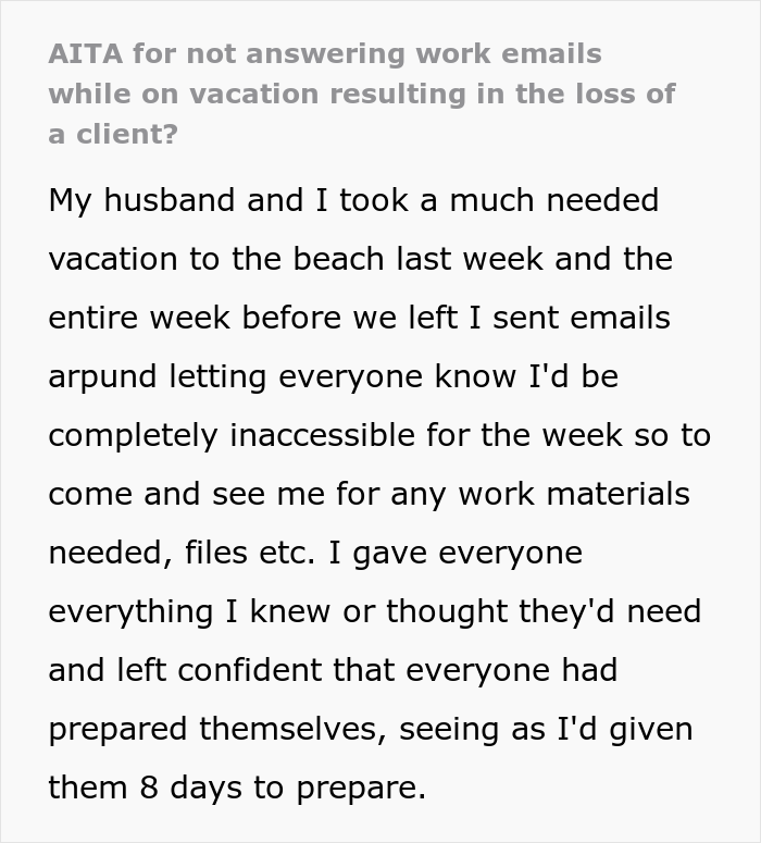 Company Loses A Client After Manager Takes Vacation And Doesn't Check Her Work Email Company Loses A Client After Manager Takes Vacation And Doesn't Check Her Work Email