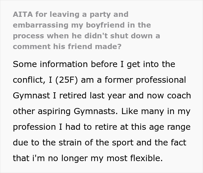 Woman Leaves Party After Enduring Insensitive Jokes About Her Being A Gymnast, Gets Slammed By Boyfriend For “Overreacting”