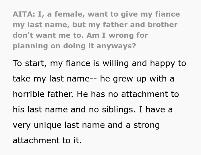 Woman’s Fiancé Plans To Take Her Last Name, Family Drama Ensues When Her Brother And Father Find Out