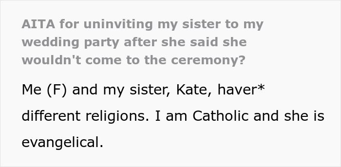 Evangelical Sister Gets Crossed Out From The Wedding Guest List After She Gets Into Religious Argument With Catholic Bride Evangelical Sister Gets Crossed Out From The Wedding Guest List After She Gets Into Religious Argument With Catholic Bride