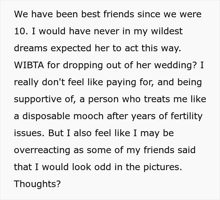 Bride Doesn't Want Her Best Friend In Wedding Photos Because Her "Bump Would Be Too Distracting", She Drops Out Bride Doesn't Want Her Best Friend In Wedding Photos Because Her "Bump Would Be Too Distracting", She Drops Out