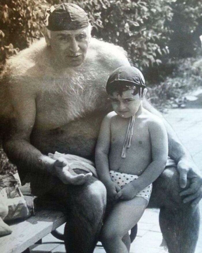 The Legendary Soviet Georgian Water Polo Player Petre Mshvenieradze With His Grandson, 1990