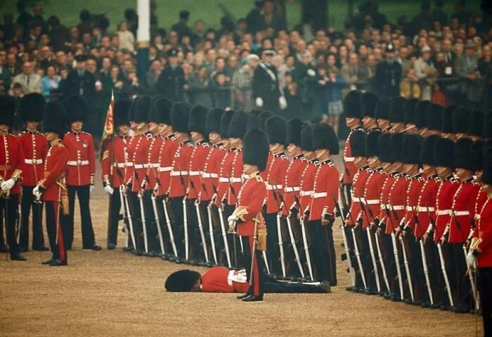 Soldados británicos del Regimiento de la Guardia Irlandesa observan cómo uno de ellos se desmaya en Londres, Inglaterra (junio, 1966)