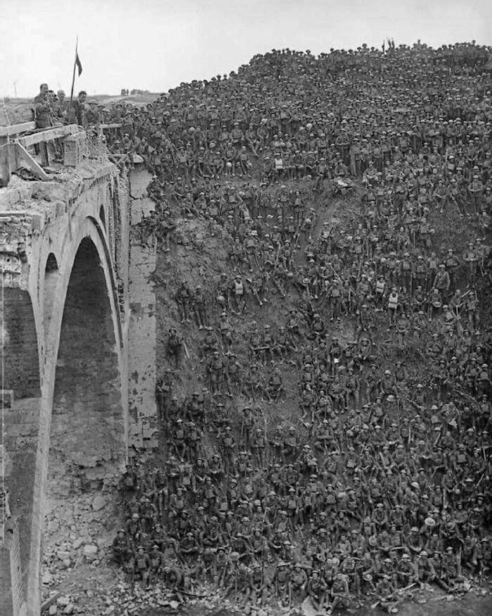British Brigadier General J V Campbell Addressing Troops Of The 137th Brigade (46th Division) From The Riqueval Bridge Over The St Quentin Canal, France, October 2, 1918