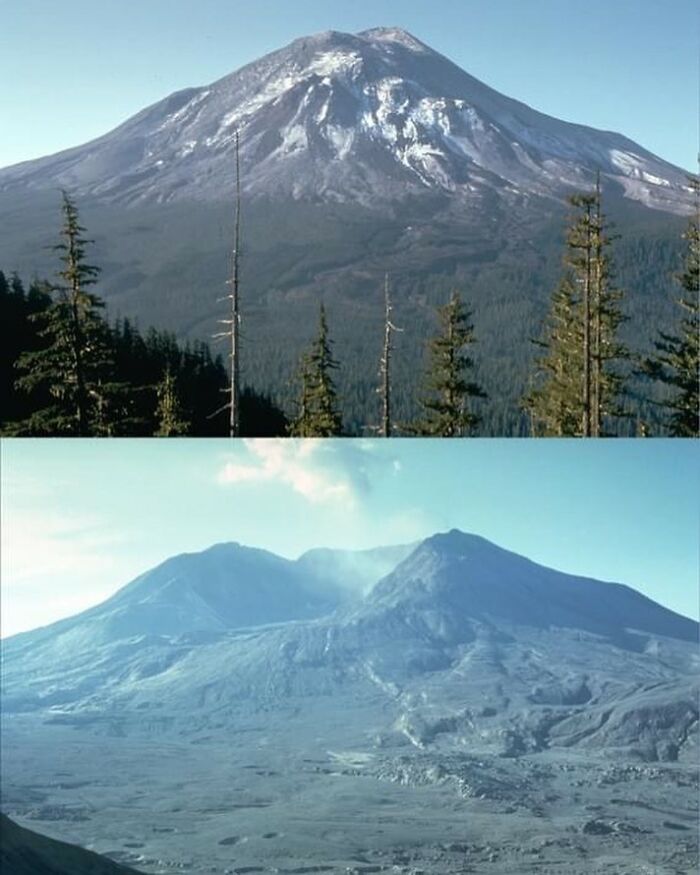 El Monte Santa Helena fotografiado desde el mismo lugar, un día antes y cuatro meses después de la erupción