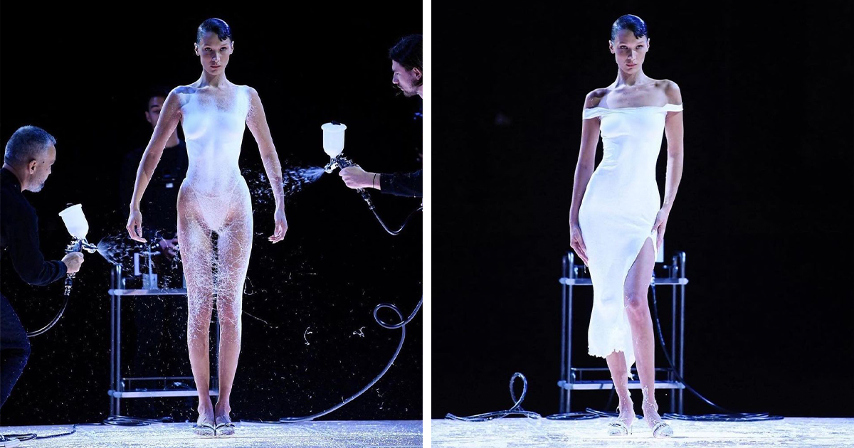 Bella Hadid Had a Dress Spray-Painted Onto Her Naked Body at Coperni