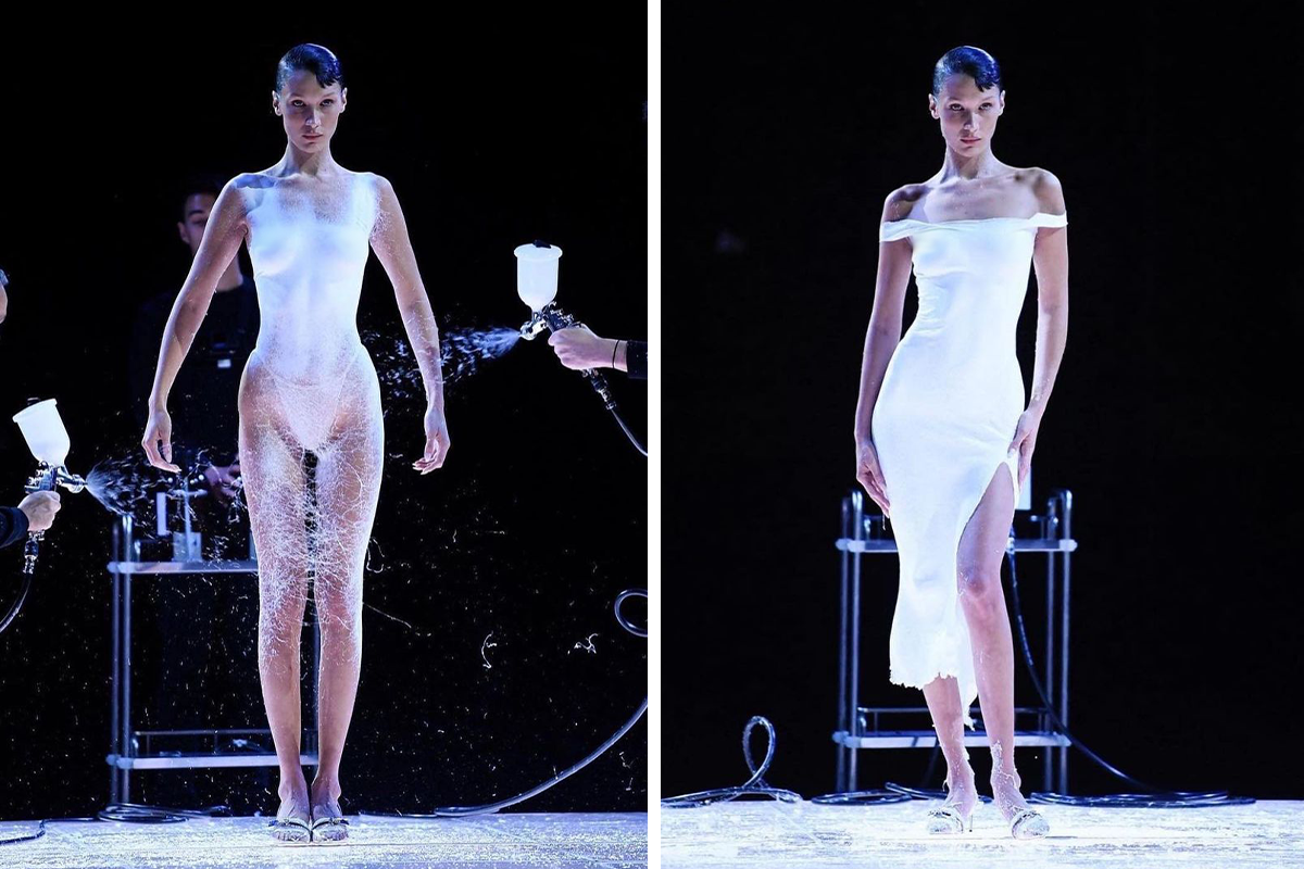 A Closer Look At Bella Hadids Spray Painted Coperni Dress Reveals The