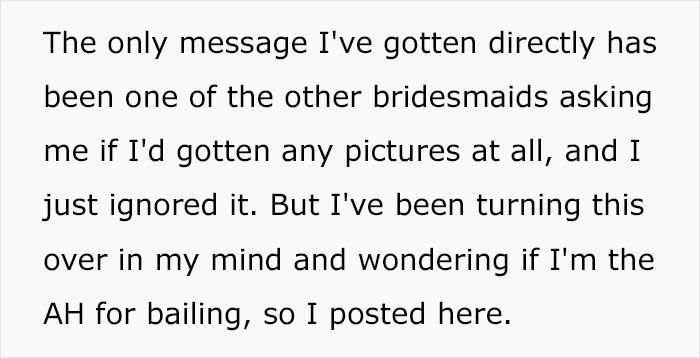This Woman Is Told She's No Longer A Bridesmaid And Has To Take Pictures Instead, So She Just Leaves The Wedding
