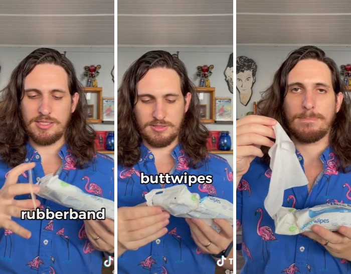 Adding A Rubber Band To A Package Of Buttwipes Stops Them From Coming Out In Clumps