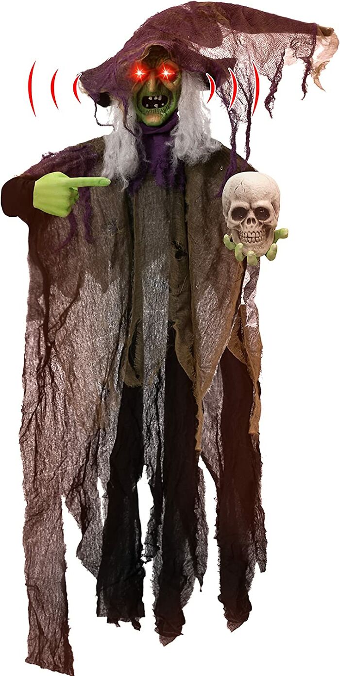 Halloween Hanging Animated Witch Decoration Holding A Skull