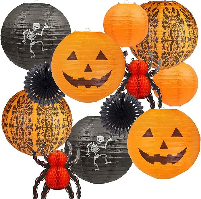 Halloween Hanging Decorations, Paper Lanterns, Jack-O'-Lantern, Spider, Skeleton, Pumpkin For Indoor & Outdoor