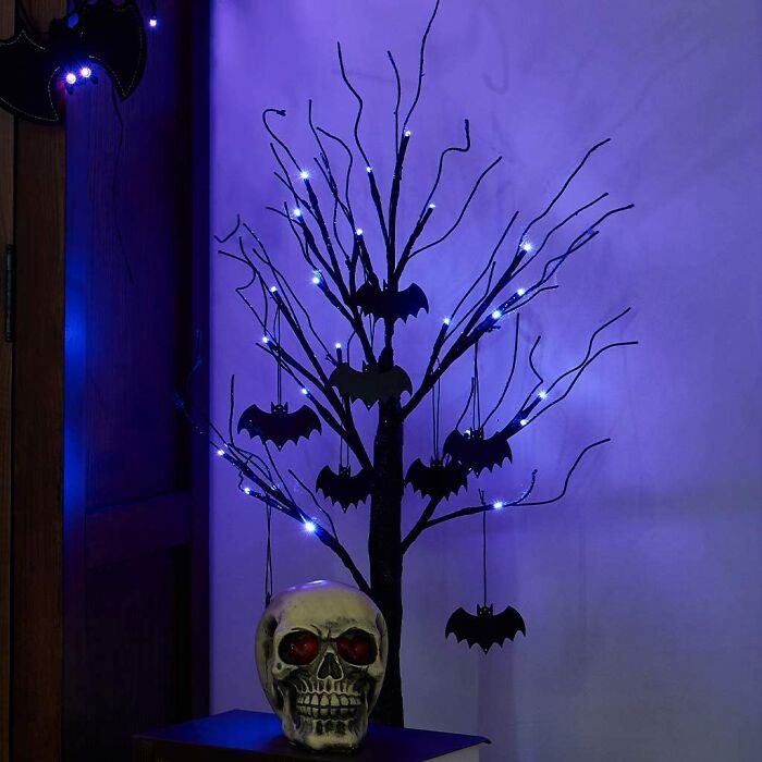 Halloween Tree With Purple Lights And Bats