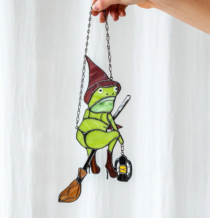 Frog On A Broomstick Suncatcher Stained Glass
