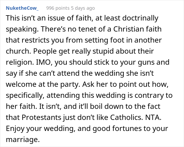 Evangelical Sister Gets Crossed Out From The Wedding Guest List After She Gets Into Religious Argument With Catholic Bride Evangelical Sister Gets Crossed Out From The Wedding Guest List After She Gets Into Religious Argument With Catholic Bride