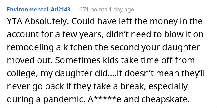 20 Y.O. Decided To Go Back To College, Found Out That Her Parents Spent All 30K They Saved Up For Her Education To Remodel Their Kitchen