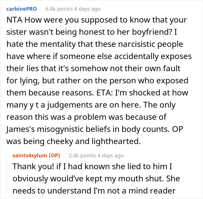 “AITA For ‘Exposing’ My Sister By Revealing Her ‘Body Count’ To Her Misogynistic Boyfriend?”