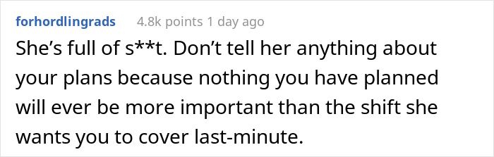 “My Boss Implied That I Need Her Permission To Do Things On My Days Off” “My Boss Implied That I Need Her Permission To Do Things On My Days Off”