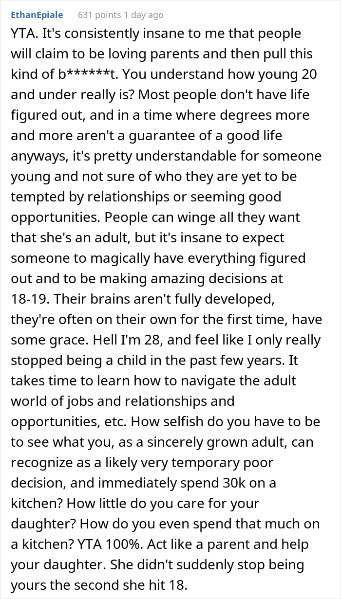 20 Y.O. Decided To Go Back To College, Found Out That Her Parents Spent All 30K They Saved Up For Her Education To Remodel Their Kitchen 20 Y.O. Decided To Go Back To College, Found Out That Her Parents Spent All 30K They Saved Up For Her Education To Remodel Their Kitchen