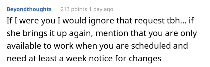 “My Boss Implied That I Need Her Permission To Do Things On My Days Off” “My Boss Implied That I Need Her Permission To Do Things On My Days Off”