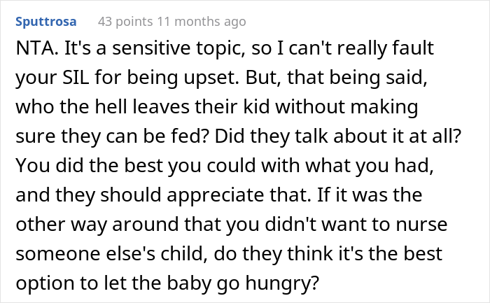 "I Don't Know What She Expected Me To Do": Disgusted Woman Berates SIL For Breastfeeding Her Baby "I Don't Know What She Expected Me To Do": Disgusted Woman Berates SIL For Breastfeeding Her Baby
