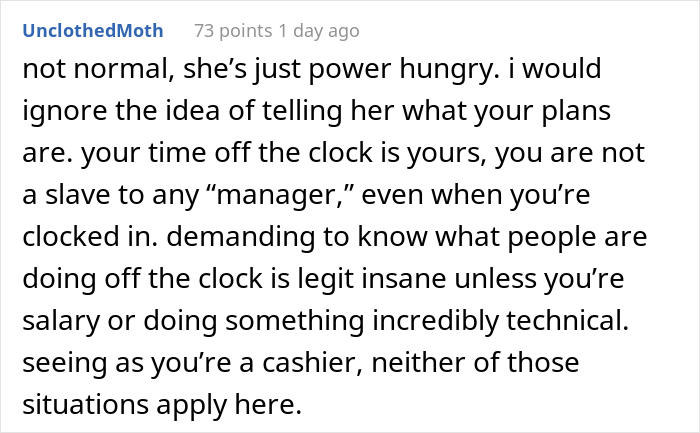 “My Boss Implied That I Need Her Permission To Do Things On My Days Off” “My Boss Implied That I Need Her Permission To Do Things On My Days Off”