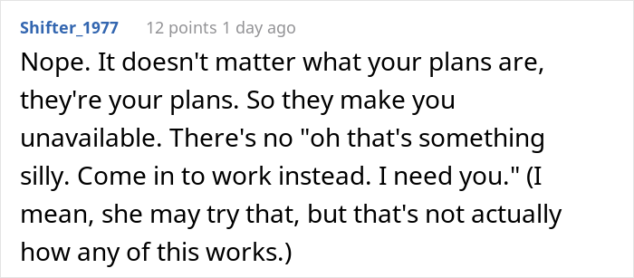 “My Boss Implied That I Need Her Permission To Do Things On My Days Off” “My Boss Implied That I Need Her Permission To Do Things On My Days Off”