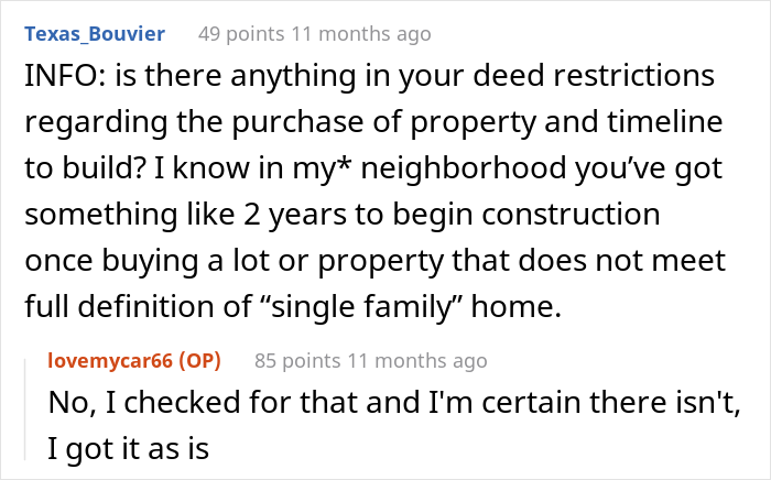 “Karen” Neighbors Are Mad At This Person For Buying Land Next To Them And Not Planning To Build A House Like Everyone Else