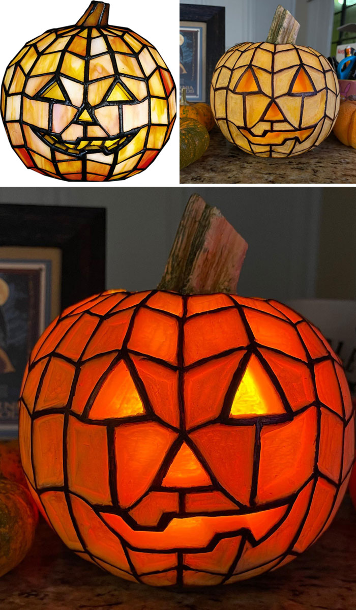 Happy October! This Is My Submission To A Pumpkin Carving Contest At Work. The First Image Is A Meyda Tiffany Glass Lamp, Which Was My Inspiration. Took Me About 8 Hours